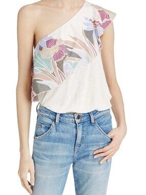Free People Annka Bubble One-Shoulder Top Ivory Sz XS Tropical Beachy Floral